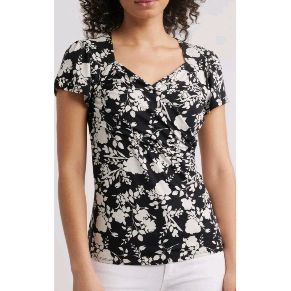Loveappella Floral Faux Wrap Top Black And White